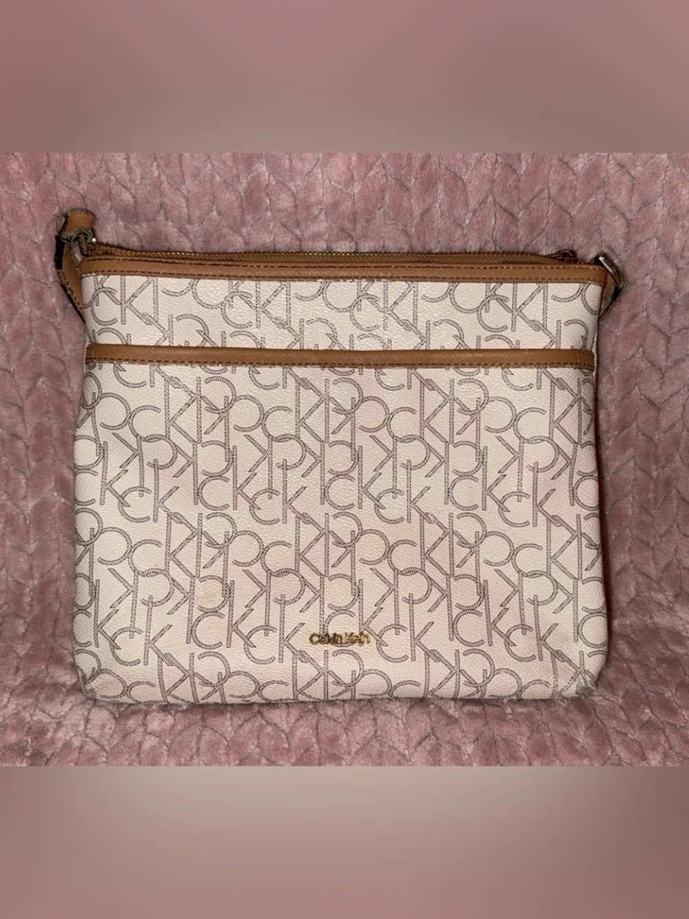 Calvin Klein Cream Logo Tote with Tan Trim